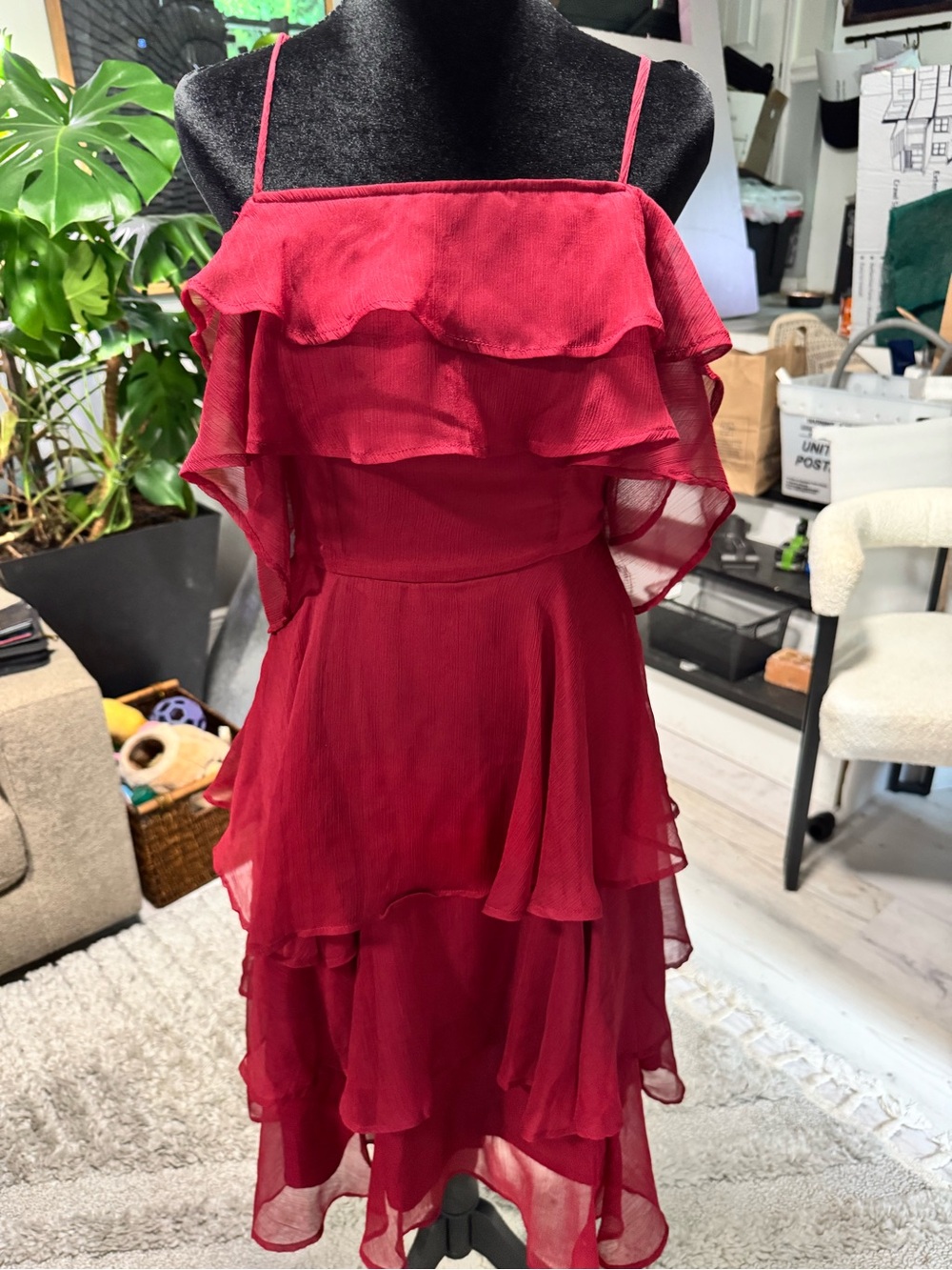 Tiered Off Shoulder Red Ruffled Midi Dress